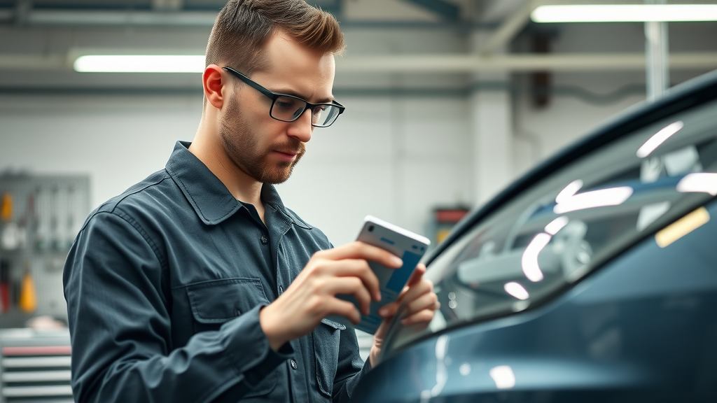 auto body repair shop with expert technician examining car bumper, organized garage, lifelike photorealism, background tool racks, bright workshop