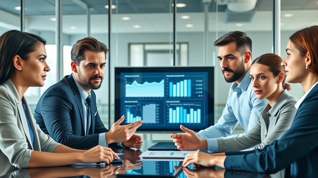 Business team in a modern boardroom collaborating with AI-driven contract management software and digital dashboards