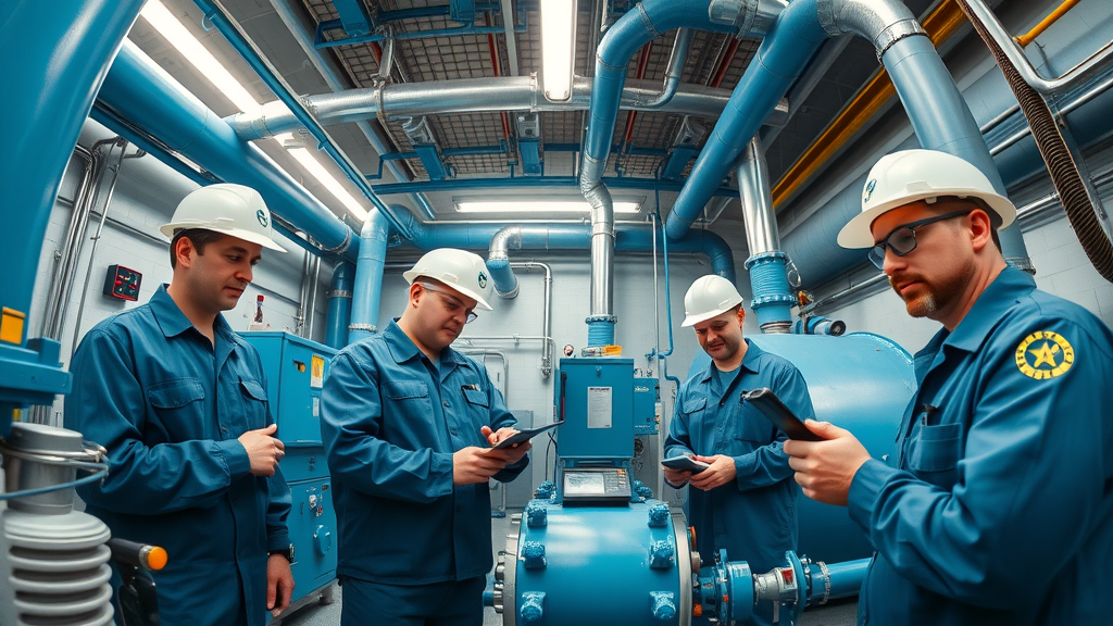 commercial boiler room with engineers, Commercial Plumbing & Heating Services Chesterfield, maintaining systems, industrial setting, vibrant blue and metallic colours