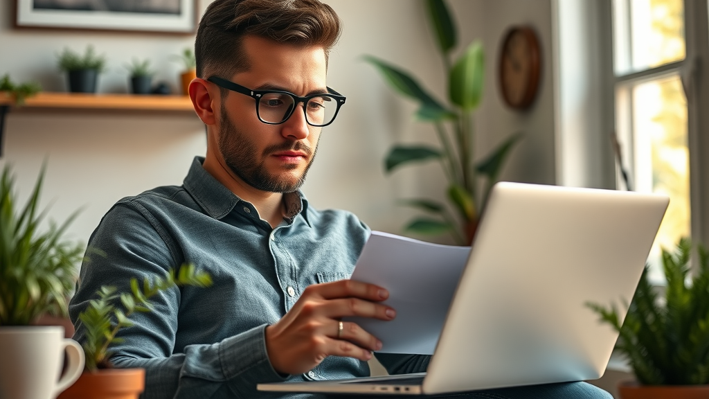 small business owner using a laptop to follow a search engine optimization checklist in a cozy home office