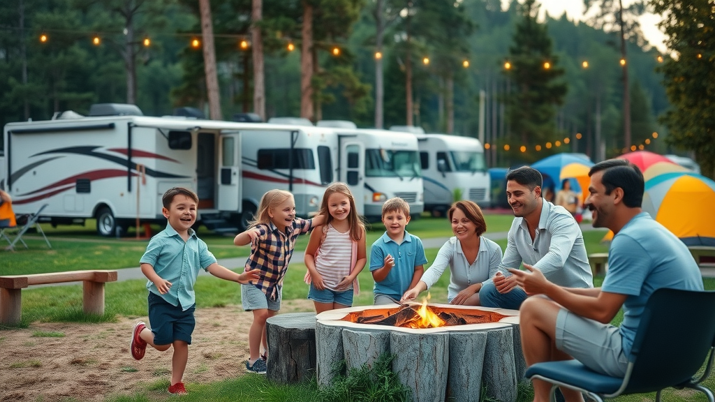 Modern campground with families enjoying amenities showcasing owning a campground in buying and selling RV parks
