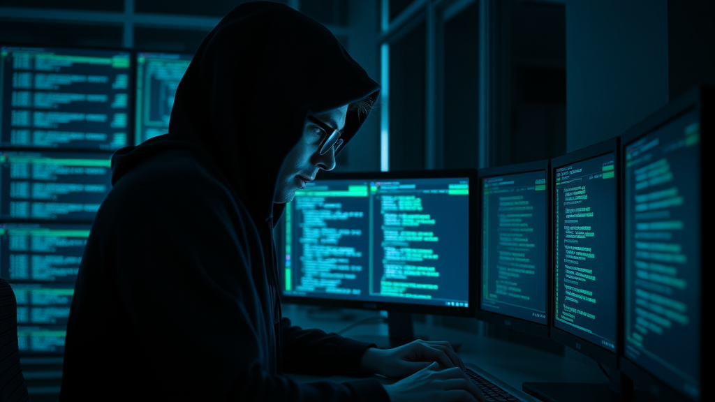 realistic hacker silhouette attempting to breach encrypted digital wallets in a secure, high-tech room