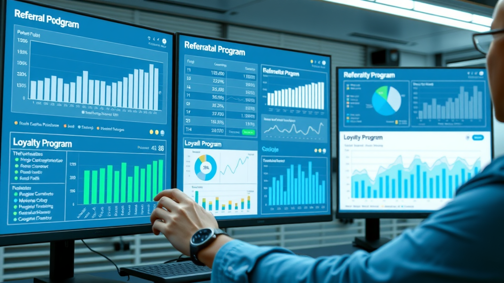 data analytics dashboard displaying referral and loyalty program key metrics in office