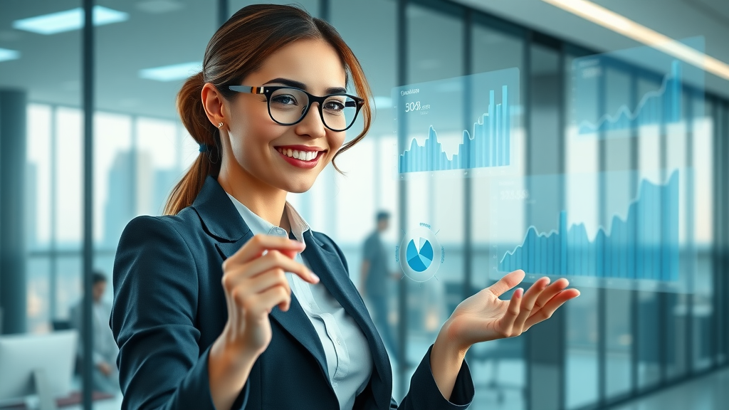 Confident businesswoman harnessing AI automation in modern office environment
