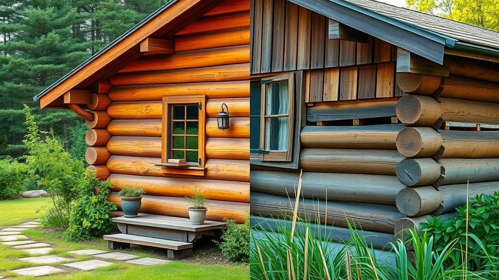 Side-by-side of well-maintained vs. neglected log home exterior, vibrant and healthy vs. dull and damaged, log home maintenance comparison, tilt-shift lens