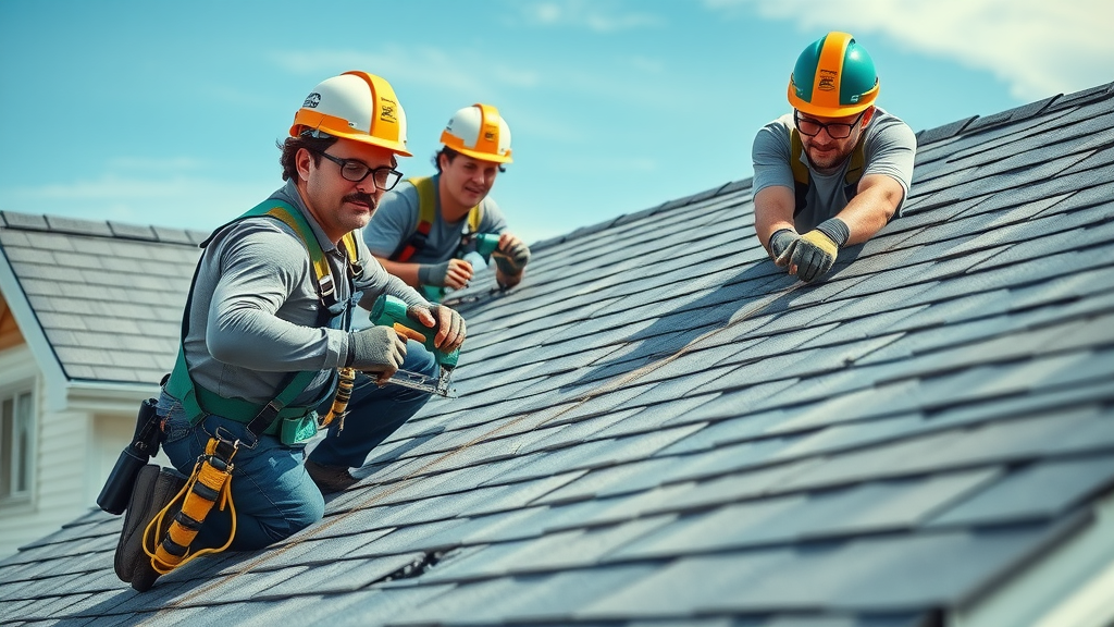 team of professional roofing contractors installing new roof replacement, roof repair safety practices