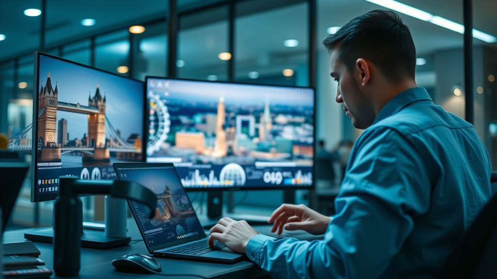 Marketer designing engaging email marketing campaign with London skyline in the background