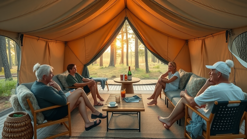 rv park industry trends 2024 showcasing luxury glamping site with guests enjoying outdoor amenities