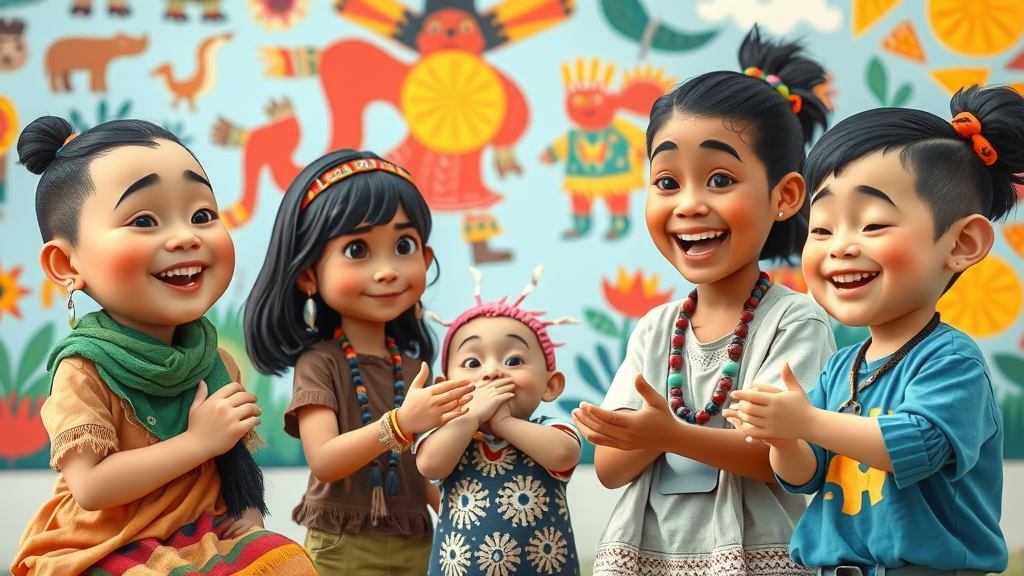 indigenous language joyous indigenous youth, language learning, traditional symbols, vibrant mural, cartoon, multicultural children, daylight