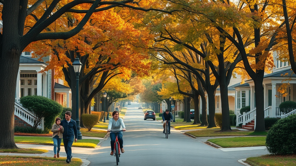 tree-lined residential street in Livsey neighborhood, Tucker GA, families walking and cycling among classic southern homes