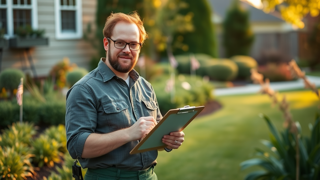 experienced lawn care expert assessing a front yard in portage, mi showing benefits of local knowledge and custom service