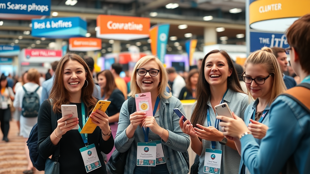 Excited trade show attendees receiving creative promotional products