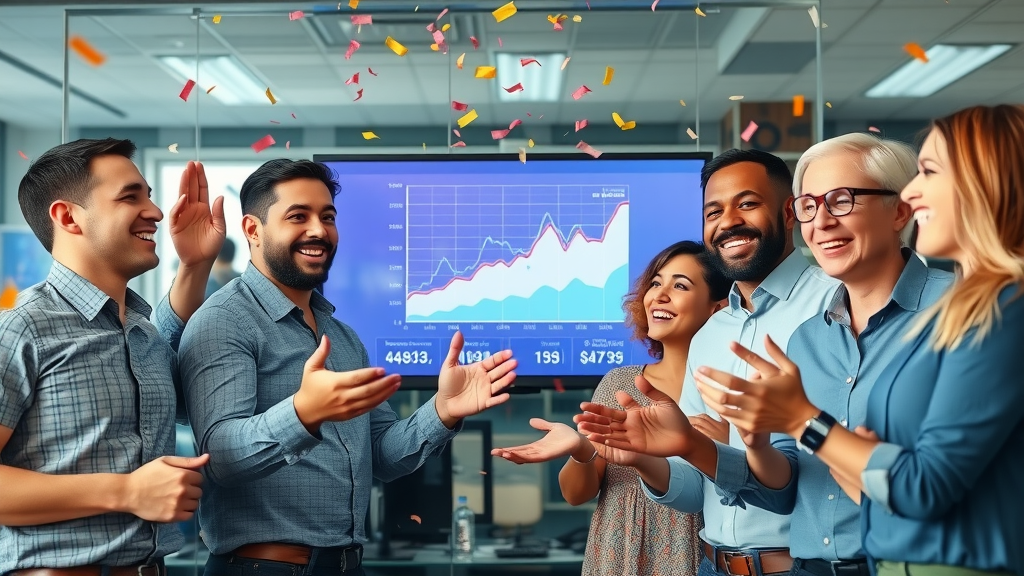 team celebrating upward growth from blogging success