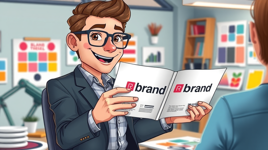 Modern brand strategist presenting a brand book and logo concepts—a vibrant example of building a strong brand identity and voice using effective marketing branding.