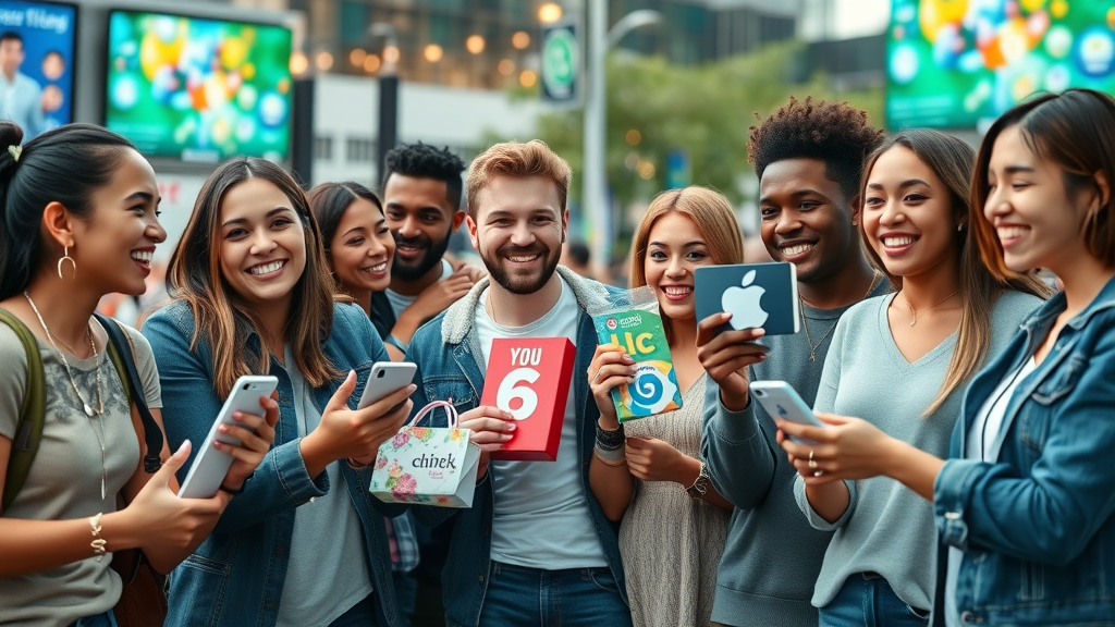 Diverse social media users receiving branded promotional products, sharing experiences outdoors in urban setting