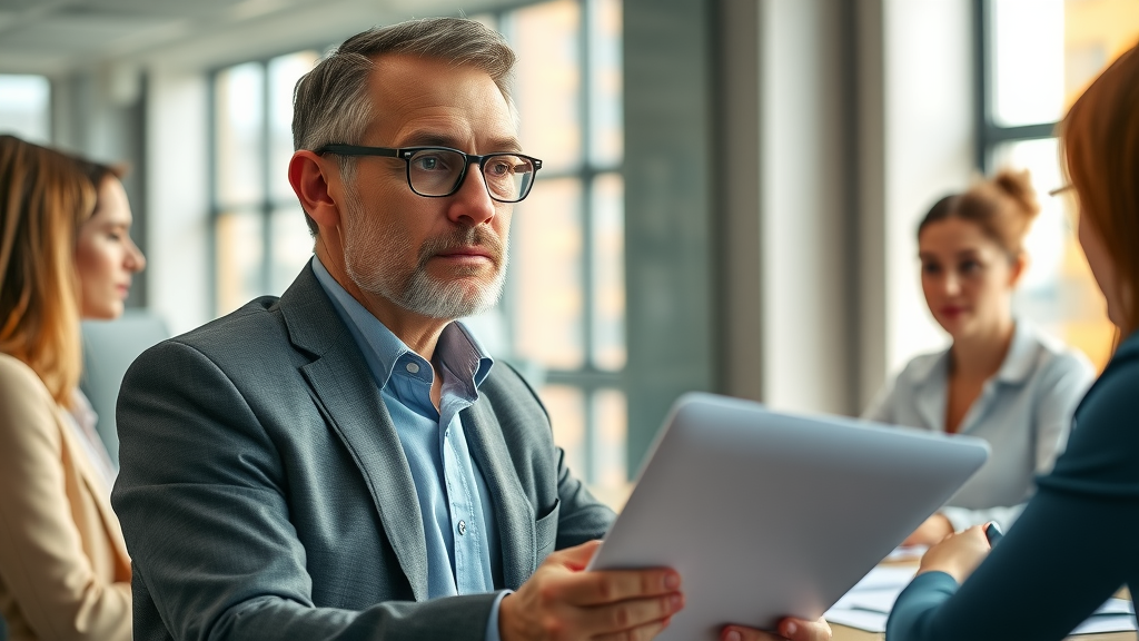 outsourced marketing leadership - senior marketing director reviewing reports with an internal marketing team in a collaborative boardroom setting