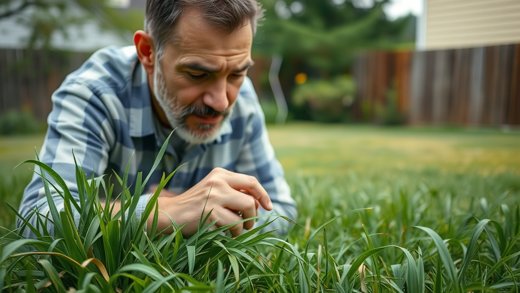 homeowner examining damaged lawn for pests and weeds in portage mi, highlighting challenges in local lawn care service