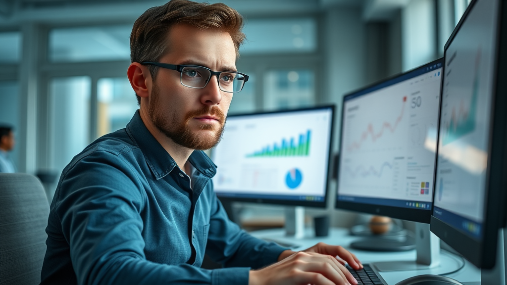 Google Ads campaigns concerned digital marketer analyzing campaign metrics in modern office