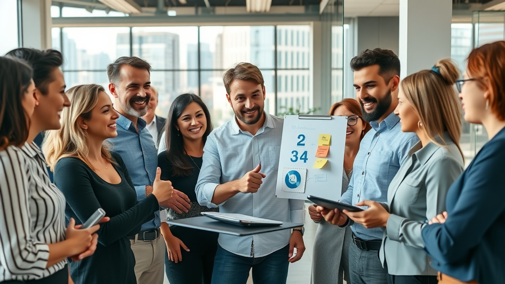 Marketing leader integrating fractional CMO benefits, inspiring diverse team around a strategy board in a high-energy modern office