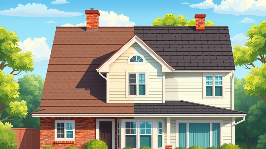 Split-screen image: roof repair patchwork and full new roofing, showing roofing costs differences