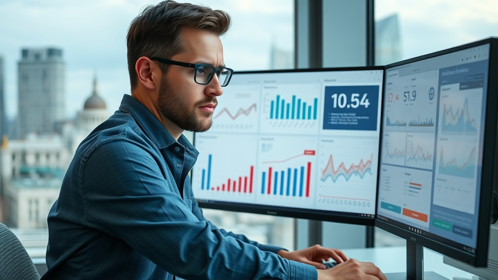 Marketer analyzing ROI data from traditional billboards and digital ads on a high-tech analytics dashboard - traditional vs digital media