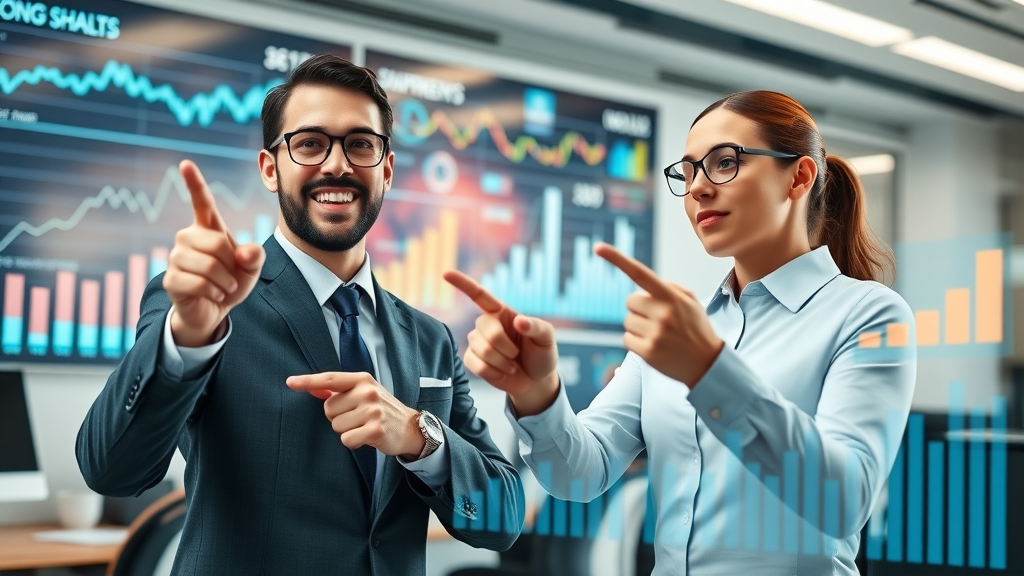 Infographic illustrating how to increase local business visibility with vibrant business people analyzing statistics in a modern, high-tech office.