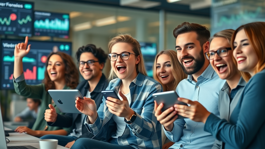 Energetic young professionals watching engaging video content in modern office, with social media dashboards and animated viewer statistics