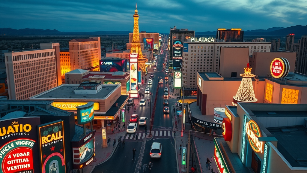 Investment Property Las Vegas - lively Las Vegas Strip, tourists, neon lights, hotels and casinos at twilight