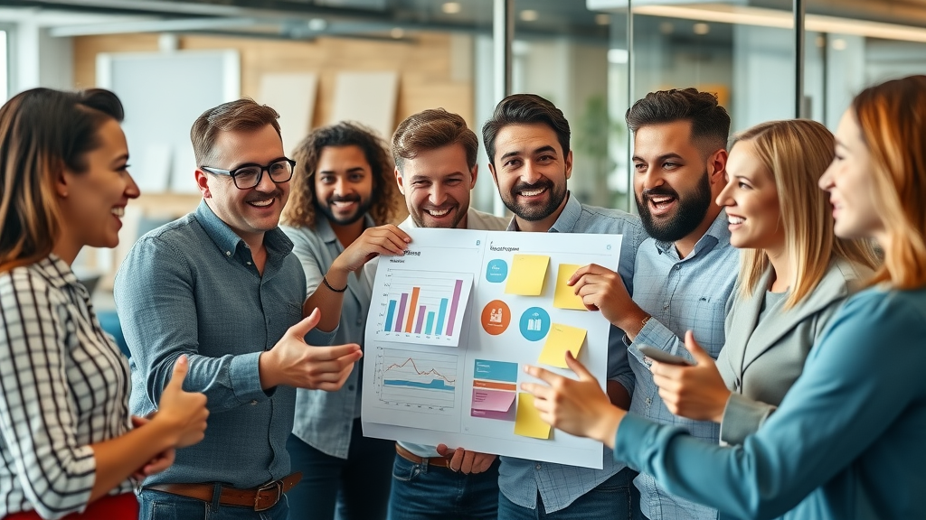 A vibrant team of entrepreneurs brainstorming branding strategies in a modern office, discussing charts and sticky notes, symbolizing strategies to build brand equity.