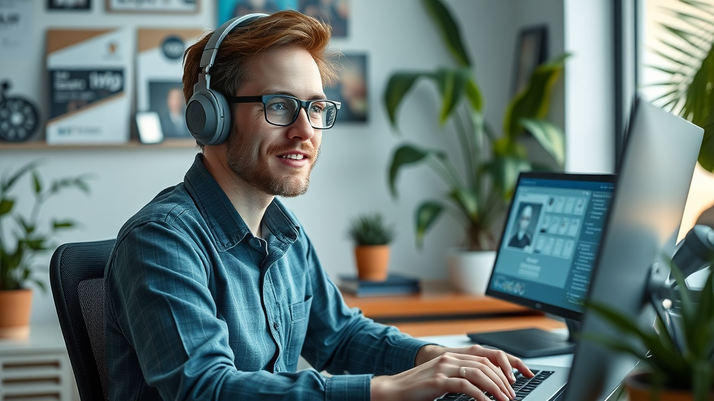 Modern Australian remote workstation with neurodiverse employee using adaptive technology, displaying content focus and assistive software in a functional, plant-filled home office.