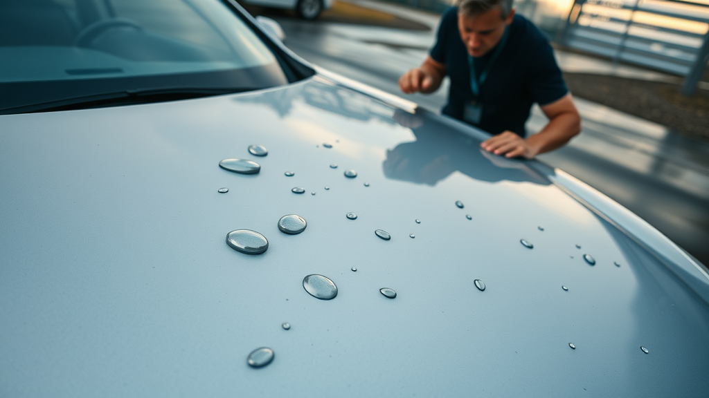 hail damage car panel, technician inspecting with dent inspection light for paintless dent repair