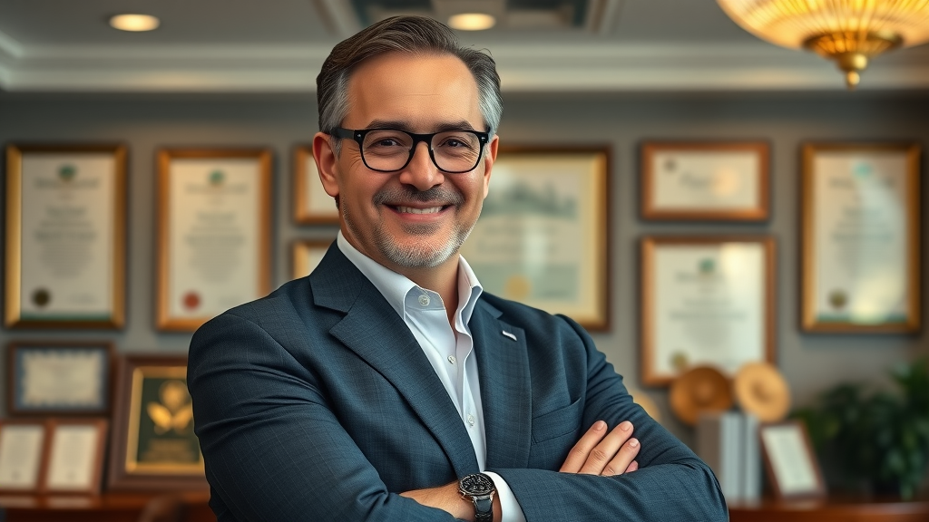 professional marketing leader portrait in office, confident, approachable, with awards and certificates