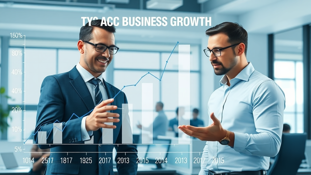 dynamic infographic showing accelerated business growth rates with a fractional chief marketing officer in a modern office, executives pointing at growth charts, photorealistic