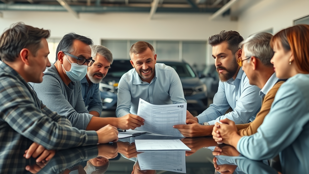 auto body shop technician discussing car frame straightening costs with car owners