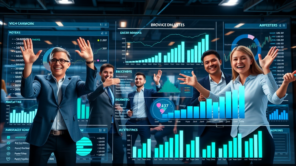 Business dashboard showing high growth metrics from fractional cmo benefits, team celebrating in a digital innovation hub