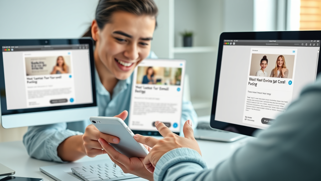 Responsive email marketing campaign designs displayed on smartphone, tablet, and computer screens with smiling user engaging and reviewing