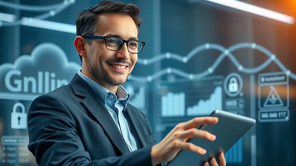 Business owner overseeing secure ecommerce payment processing with virtual dashboard.