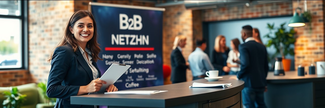 B2b networking events sign-in table with two women greeting attendees in modern venue.