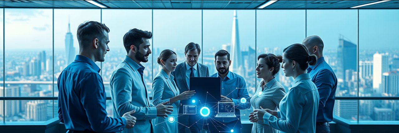 Team working with VoiceGenie AI agents in a futuristic holographic office setting