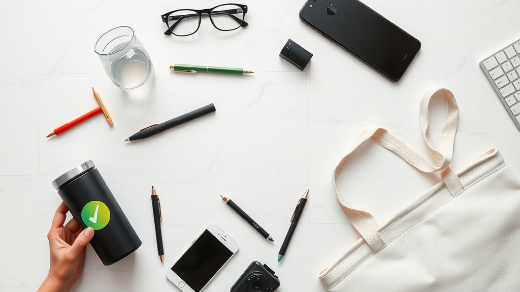 Popular promotional products including branded drinkware, pens, gadgets, and eco-bags