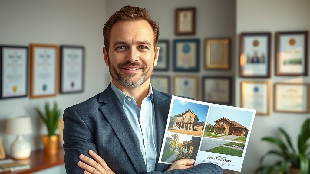 Confident real estate agent reviewing a portfolio of renovated homes, experienced in selling renovated homes for top value