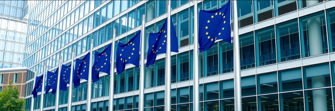 Modern office with EU flags and flagpoles, symbolizing trade investment services.