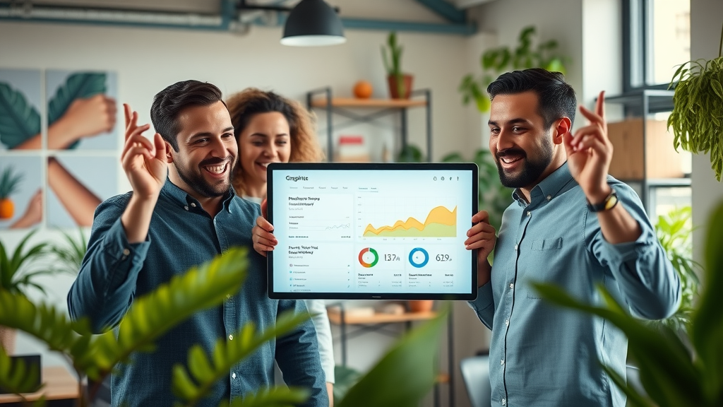 successful marketing team celebrating organic growth with real-time analytics shifting from ad spend to content-driven digital strategy in 2025