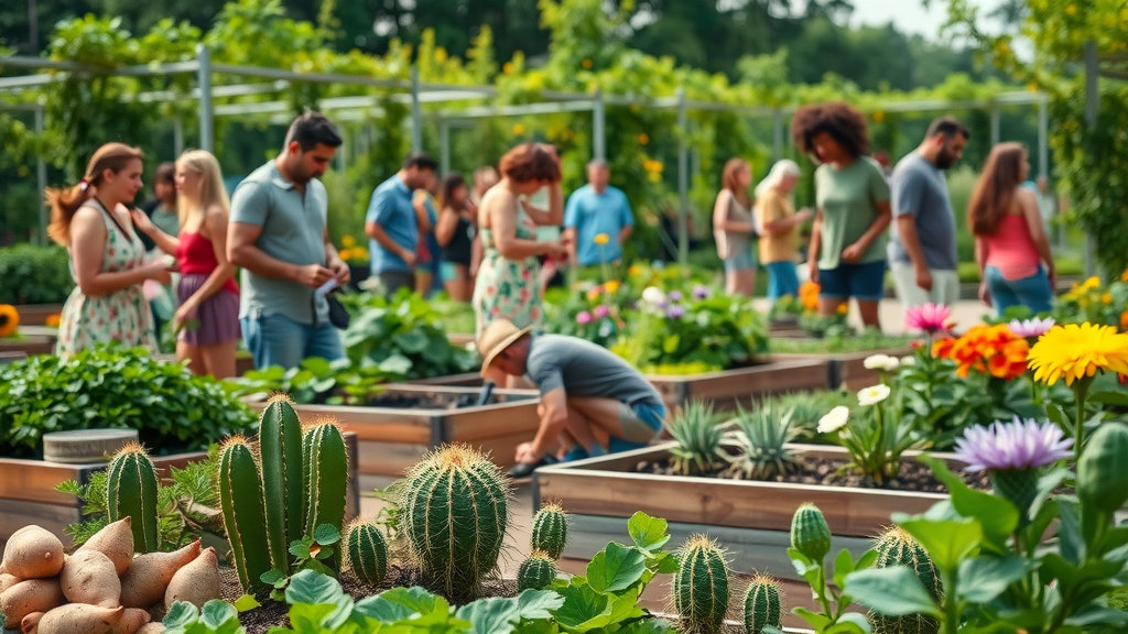 lush community summer garden event with diverse participants, sweet potatoes, cacti, summer garden thriving in the Phoenix sun