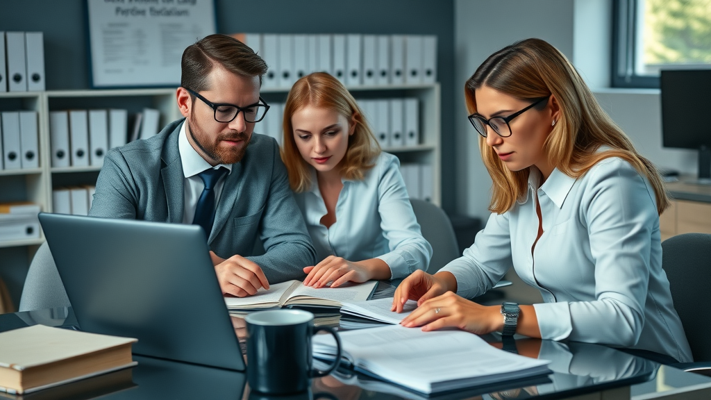 Professional legal team collaborating on content, content strategies for building credibility as a solicitor in Mullingar, law office with Irish legal resources