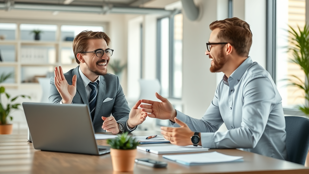 HR executive interviewing a charismatic candidate for fractional CMO service in a bright modern office