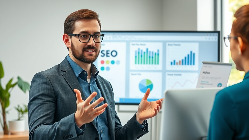 Digital strategist presenting proven SEO services results to business clients