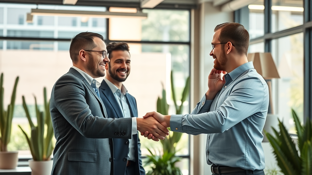 business partnership in hot weather, professionals collaborating indoors with desert plants visible, hot climate business thriving