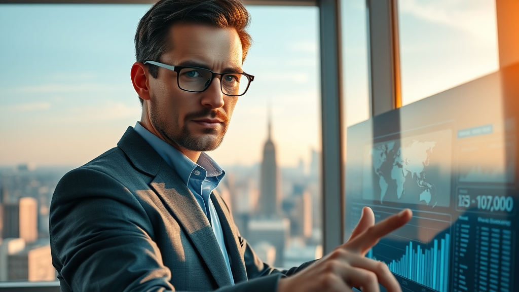 marketing executive tracking global trend shifts on a digital dashboard for brand position updates