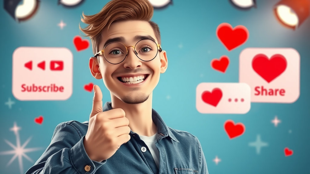 Content creator gesturing to subscribe and share icons for engaging video content, in a stylish studio